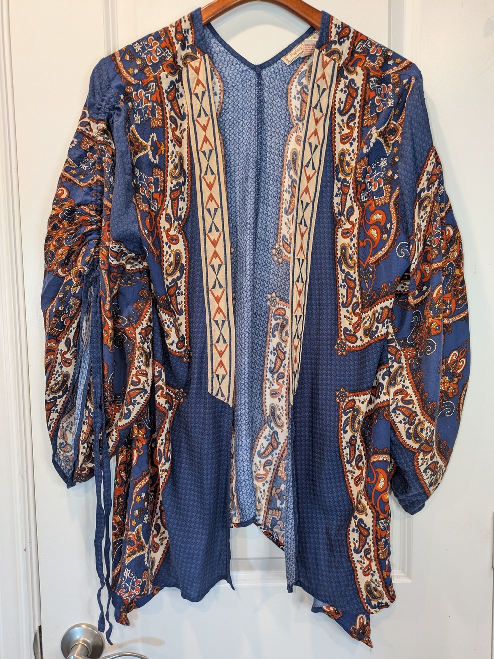 Flying Tomato S/M Paisley Kimono Duster Boho Ruched Sleeve Open Front